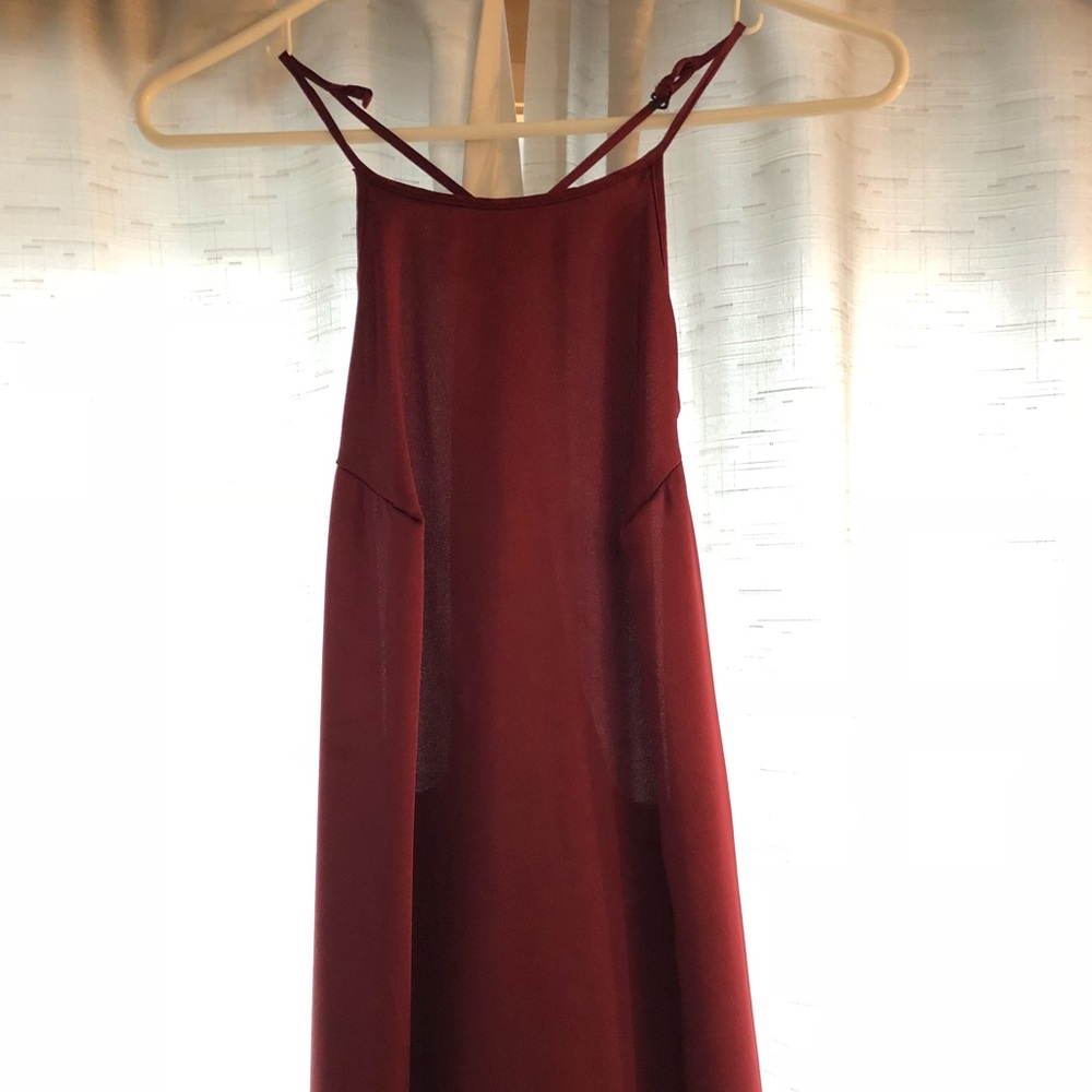 Red floor length polyester halter strap dress